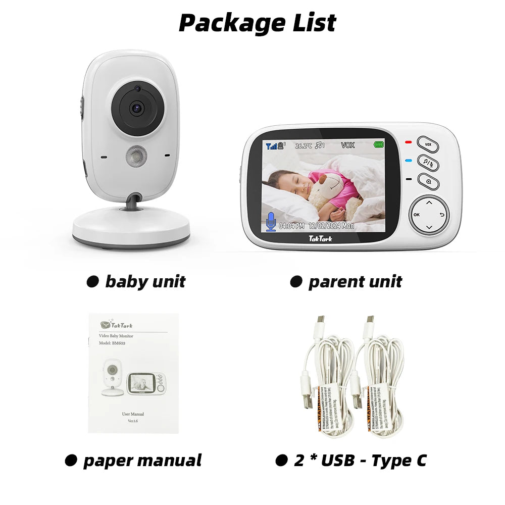 TakTark 3.2" Wireless Video Baby Monitor – Night Vision, Two-Way Audio, Lullabies & Temperature Sensor