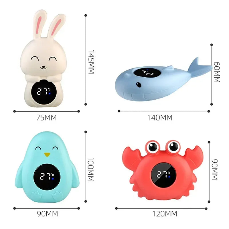 Four animal-shaped temperature monitors with dimensions labeled on a white background