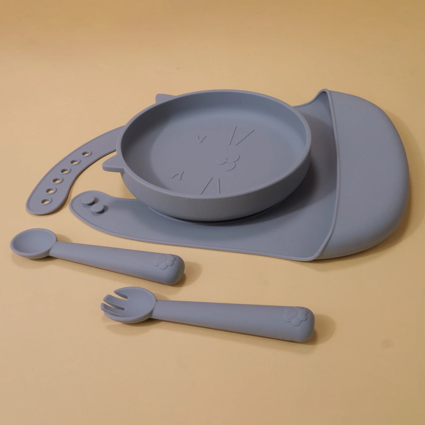TYRY.HU 4-Piece Baby Feeding Set – Silicone Tray, Spoon, Fork & Bib