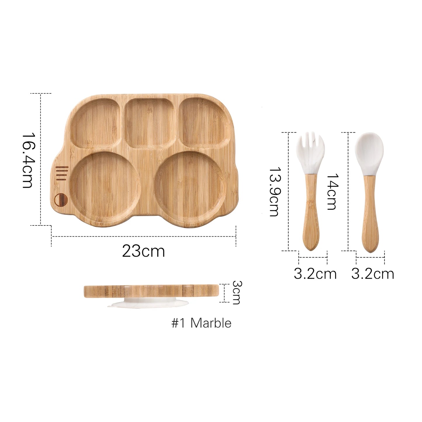 Wooden tray with dimensions, two wooden spoons with white ends, and measurements on a white background.