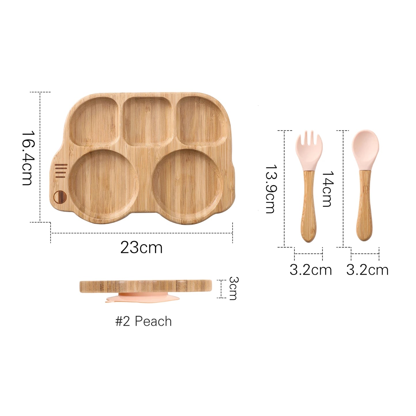 Wooden children's plate set with dimensions on a white background