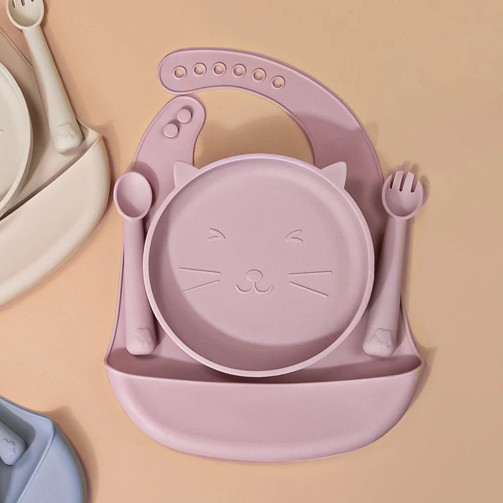 TYRY.HU 4-Piece Baby Feeding Set – Silicone Tray, Spoon, Fork & Bib