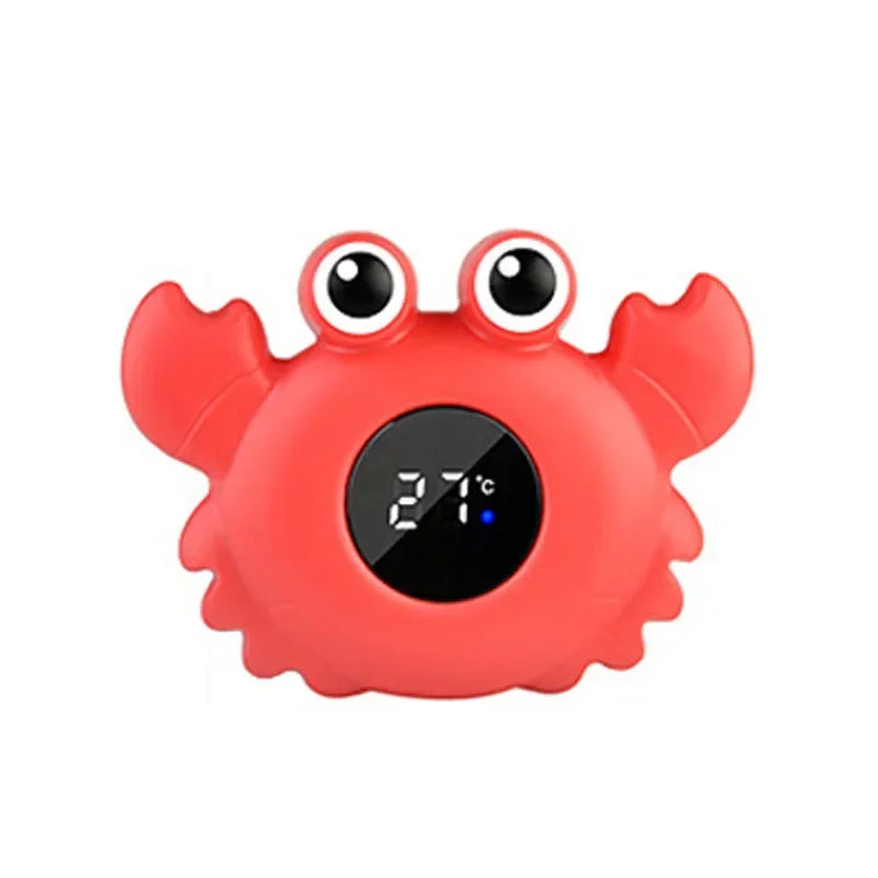 Red crab-shaped thermometer with a digital display on a white background