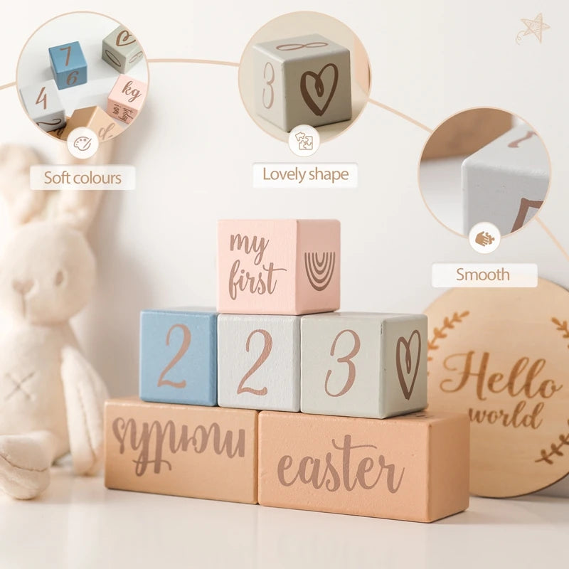 Wooden blocks with numbers and words on a light background
Handcrafted wooden milestone cards for baby photography – Winnebaby