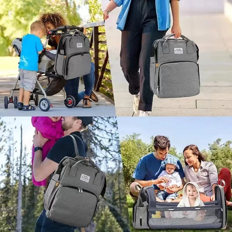 Foldable bed diaper bag with changing station