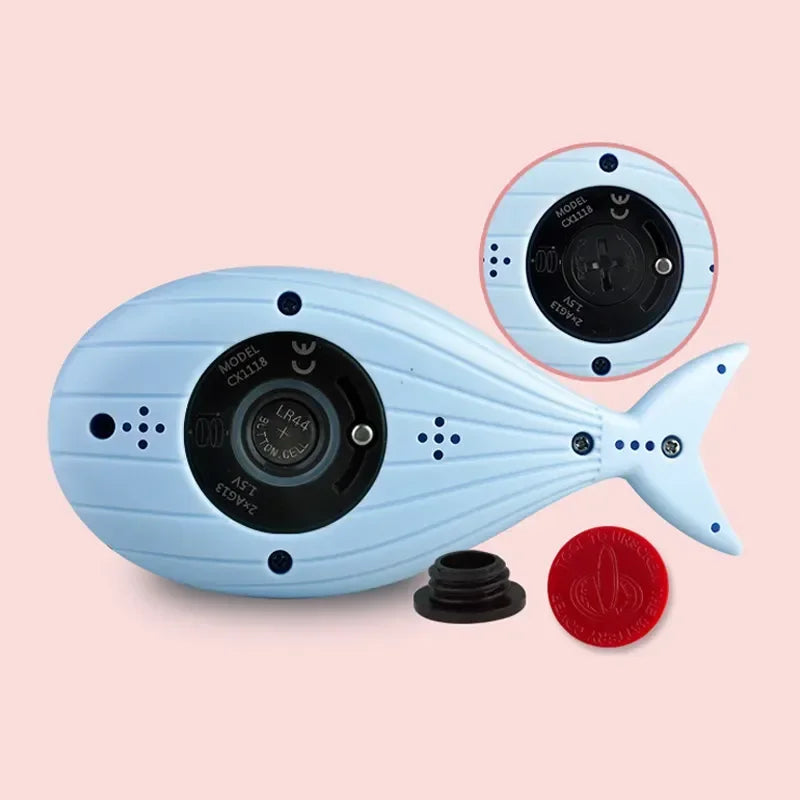 Blue fish-shaped camera with close-up inset on a pink background