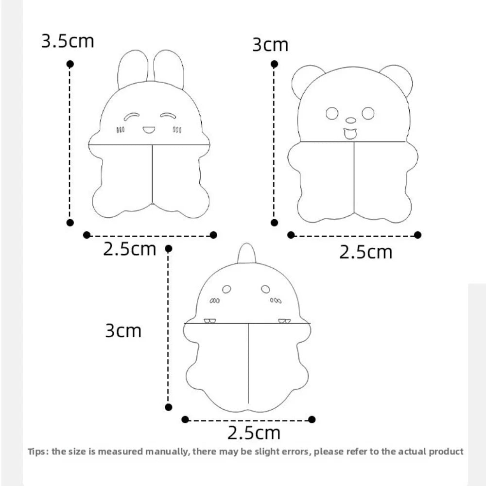 Illustrations of three cartoon characters with dimensions labeled in centimeters on a white background.