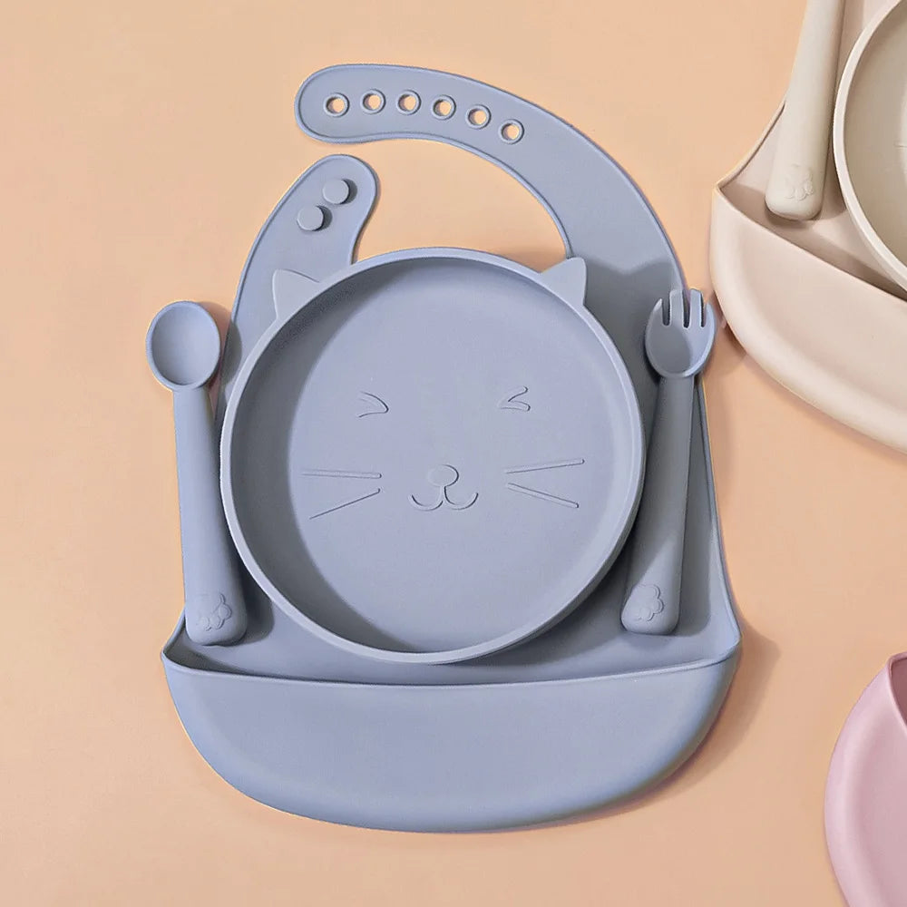 TYRY.HU 4-Piece Baby Feeding Set – Silicone Tray, Spoon, Fork & Bib