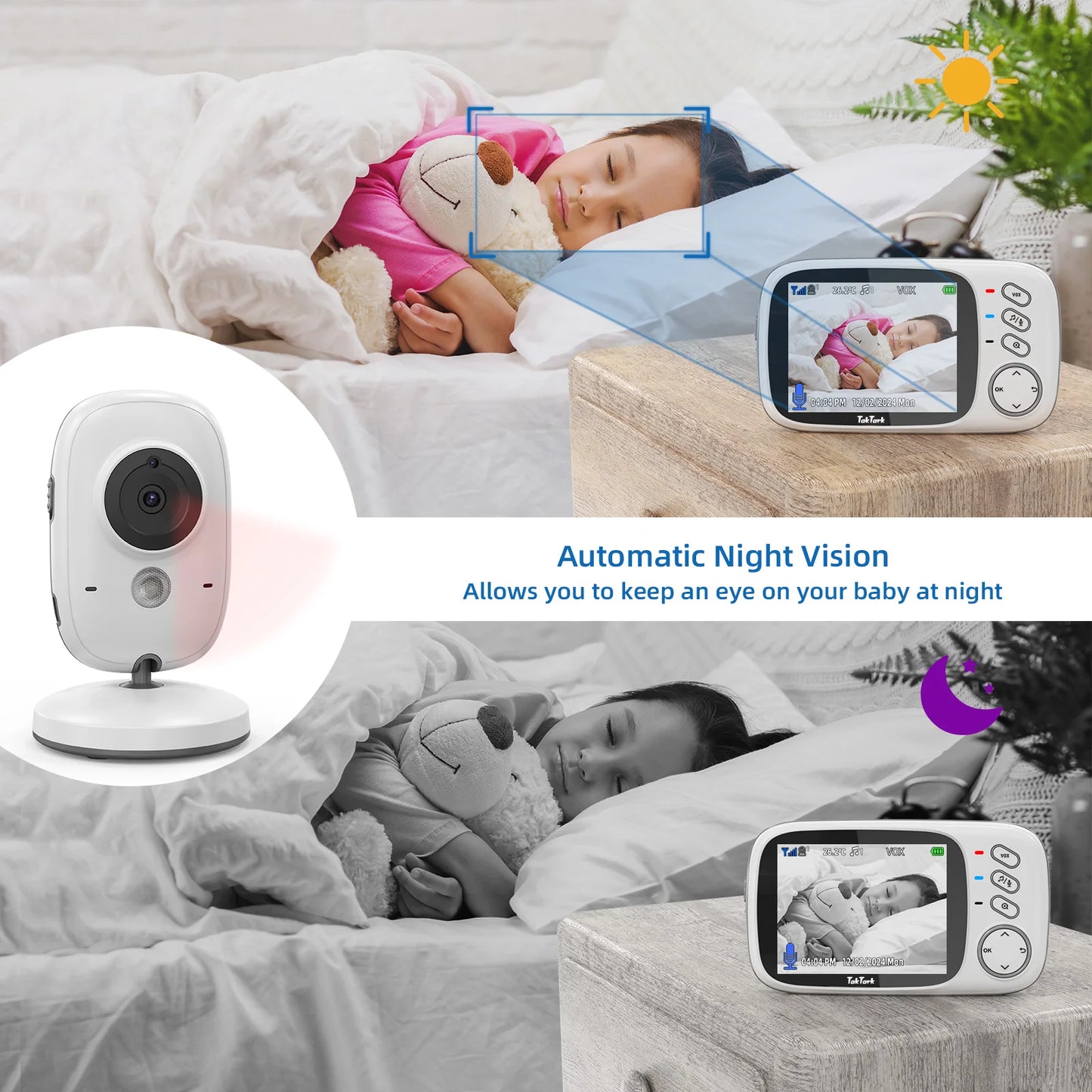 TakTark 3.2" Wireless Video Baby Monitor – Night Vision, Two-Way Audio, Lullabies & Temperature Sensor