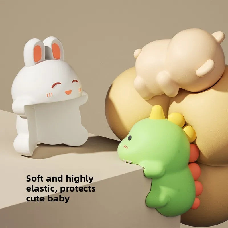 Three soft toys including a white rabbit, beige bear, and green dinosaur on a beige background with text about their properties.