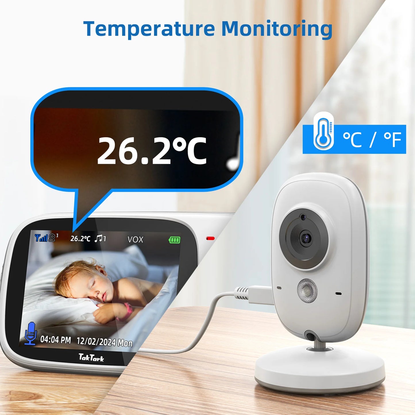 TakTark 3.2" Wireless Video Baby Monitor – Night Vision, Two-Way Audio, Lullabies & Temperature Sensor